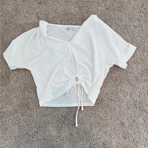Zara White Drawstring Ruched Short Sleeve Crop Top